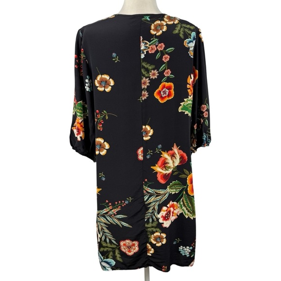 JOHNNY WAS Zorya Printed Floral Silk Mini Dress Black Puff Sleeve Size Medium - Picture 10 of 16